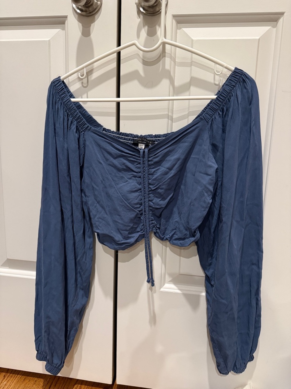 Final Touch Dusty Blue Off-Shoulder Drawstring Crop Top